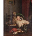 CONTINENTAL SCHOOL (19th CENTURY) OIL PAINTING ON CANVAS Interior scene with baby asleep in a