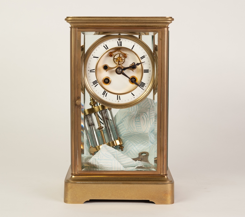 EARLY TWENTIETH CENTURY FRENCH FOUR GLASS BRASS MANTLE CLOCK WITH MERCURY PENDULUM, of typical form, - Image 3 of 6