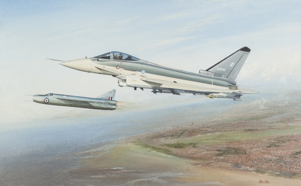 JOHN S. FOX (Modern) GOUACHE DRAWING Two jet fighters in flight above the Fylde Coast with Blackpool