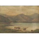 BRITISH PRIMITIVE SCHOOL (circa 1900) OIL PAINTINGS ON CANVAS, A PAIR Landscapes 14" x 18" (35.5cm x