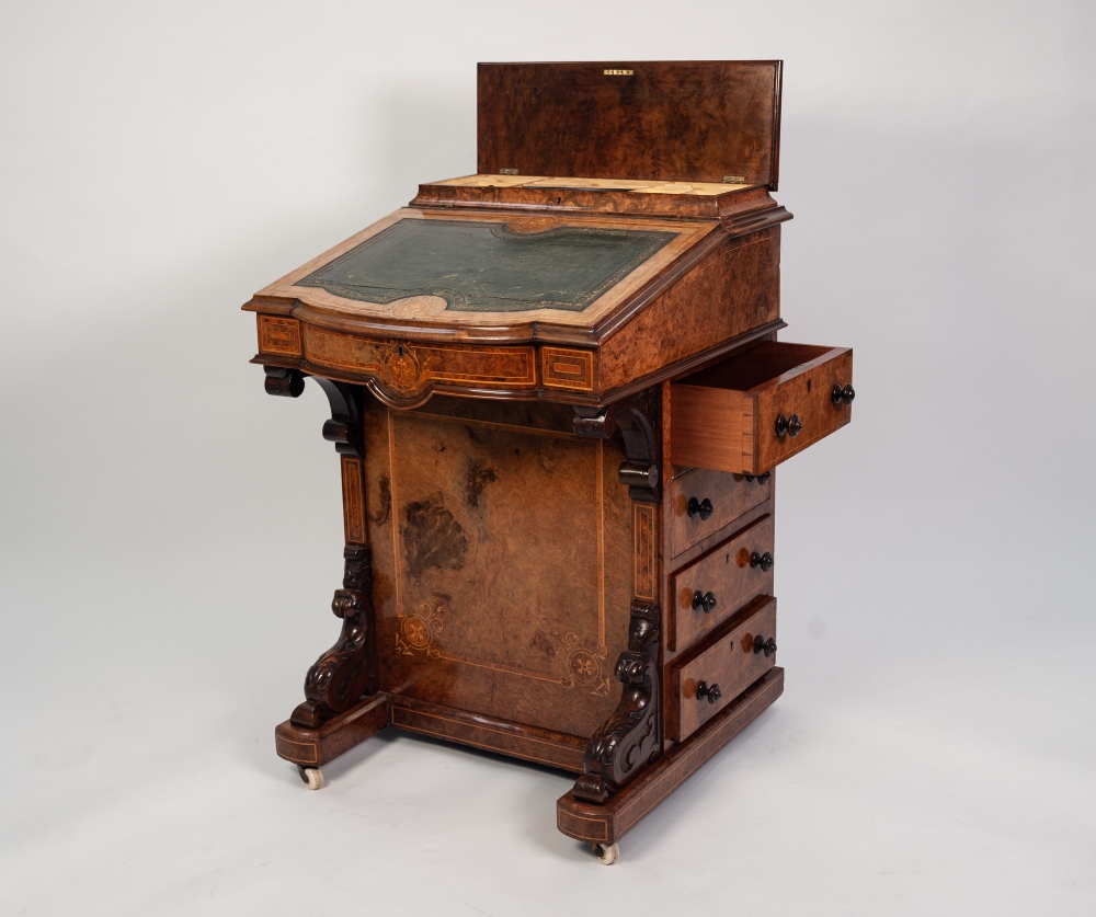 MID VICTORIAN INLAID BURR WALNUT DAVENPORT DESK, the stationary compartment with gilt metal - Image 2 of 3