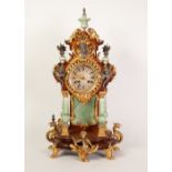 REPRODUCTION GILT METAL AND CELADON GLAZED PORCELAIN MOUNTED MAHOGANY MANTLE CLOCK IN THE ROCOCO