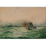 WILLIAM MINSHALL BIRCHALL (1884-1941) WATERCOLOUR DRAWING 'Freighter and Fighter', cargo ship and