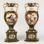 IMPRESSIVE PAIR OF VICTORIAN POTTERY LARGE TWO HANDLED PEDESTAL VASES, each of ovoid form with