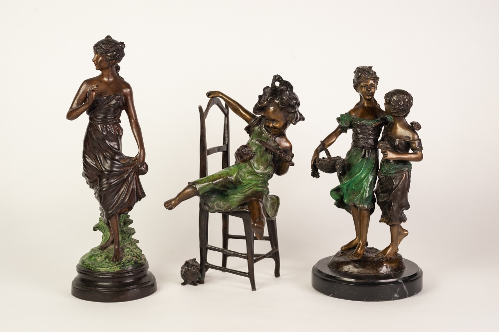 THREE MODERN PATINATED METAL FIGURES, one modelled as a female figure, on socle base, another,