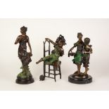 THREE MODERN PATINATED METAL FIGURES, one modelled as a female figure, on socle base, another,