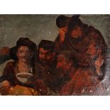 UNATTRIBUTED 19TH CENTURY OIL ON CANVAS Gaggle of men 9" x 12" (23 x 30 cm)