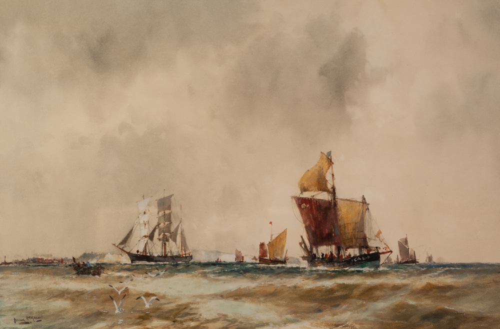 FRANK H. MASON (1876-1965) WATERCOLOUR DRAWING Shipping under sail off he coast Signed 13 ½" x