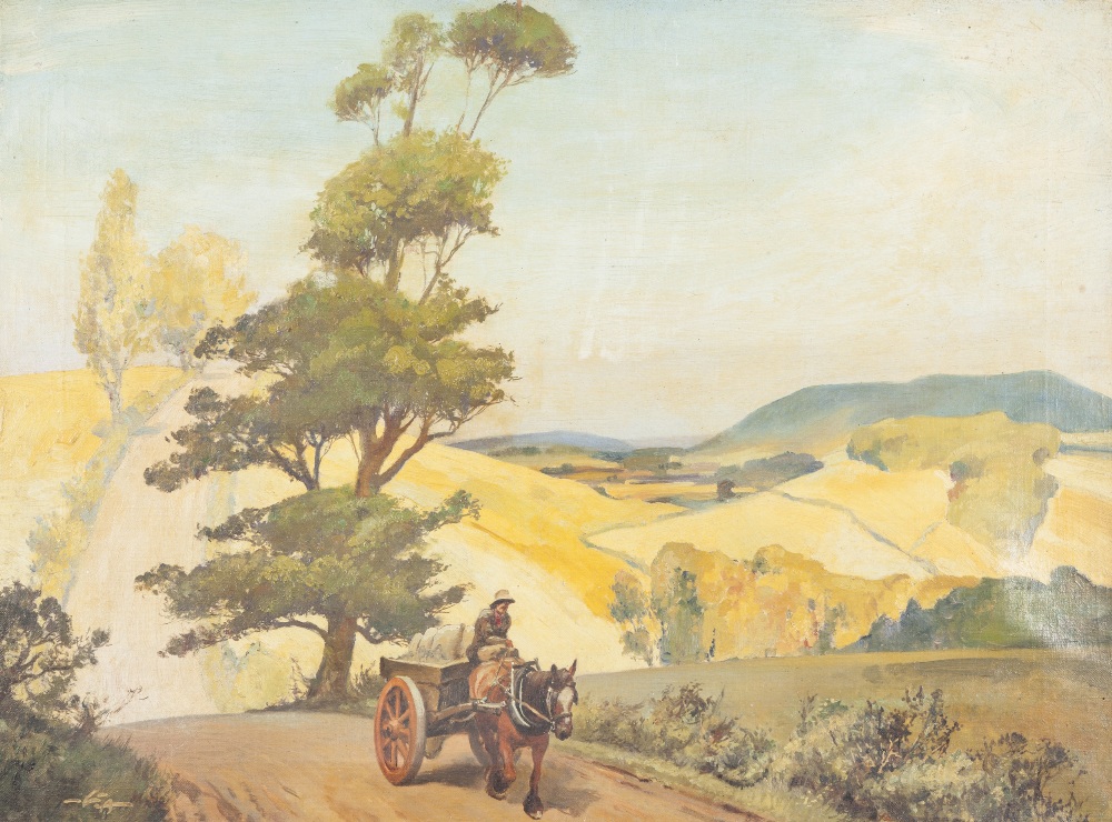 UNATTRIBUTED (TWENTIETH CENTURY IRISH SCHOOL) OIL PAINTING ON CANVAS Landscape with horse drawn cart