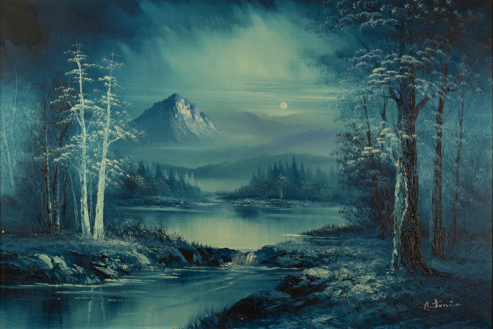 ANTONIO (TWENTIETH CENTURY) OIL PAINTING ON CANVAS Moonlit mountainous river landscape Signed