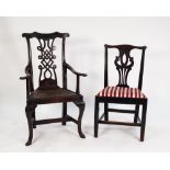 COMPOSITE GROUP OF FIVE LATE 18th CENTURY MAHOGANY AND OAK PIERCED SPLAT BACK CHAIRS, the oak