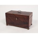 GEORGIAN LINE INLAID AND FIGURED MAHOGANY TEA CADDY, of oblong form, the interior fitted with a pair