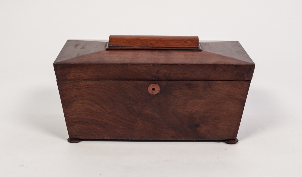 VICTORIAN FIGURED MAHOGANY TEA CADDY, of sarcophagus form, the interior fitted with twin lidded