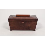 VICTORIAN FIGURED MAHOGANY TEA CADDY, of sarcophagus form, the interior fitted with twin lidded