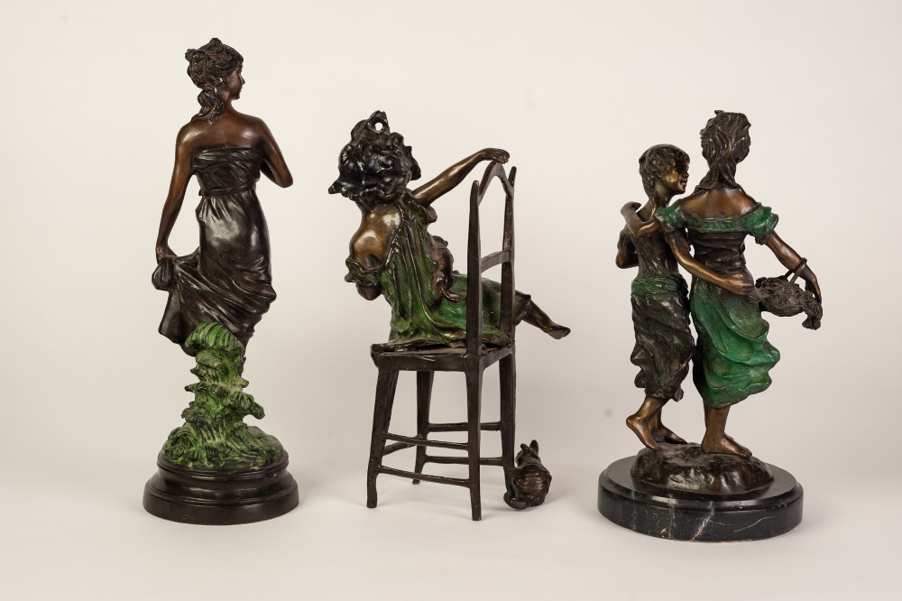 THREE MODERN PATINATED METAL FIGURES, one modelled as a female figure, on socle base, another, - Image 2 of 6