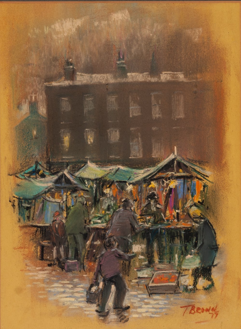 TOM BROWN (b.1933) PASTEL DRAWING Market scene signed and dated (19)79 11 ½" X 8 ¼" (29.2cm x 21cm)