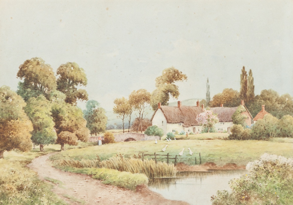 F. H. TYNDALE (EARLY 20th CENTURY) WATERCOLOUR DRAWING Rural landscape with thatched cottages,