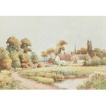 F. H. TYNDALE (EARLY 20th CENTURY) WATERCOLOUR DRAWING Rural landscape with thatched cottages,