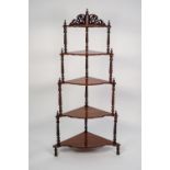 VICTORIAN CARVED WALNUT FIVE TIER CORNER WHAT-NOT, the graduating tiers with shaped front edges,