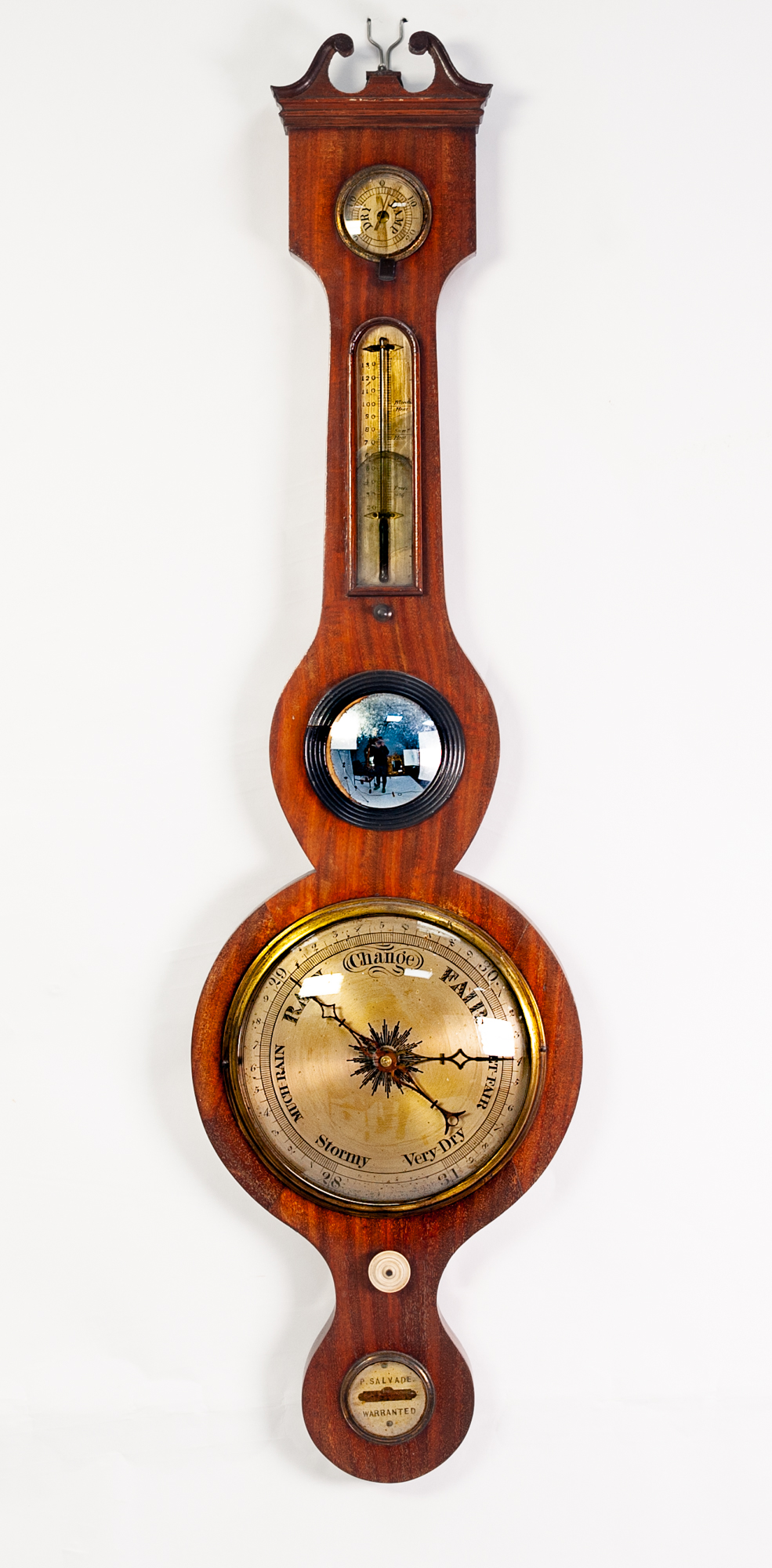 A NINETEENTH CENTURY MAHOGANY CASED BANJO WHEEL MERCURY TABLE BAROMETER by P. Salvade, with