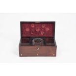 REGENCY ROSEWOOD AND MOTHER OF PEARL INLAID TEA CADDY, of oblong form, inlaid with dot and