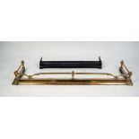 EDWARDIAN BRAS EXTENDING FIRE PLACE FENDER, the gallery rail with ball finials, 53" x 15" (134.6cm x