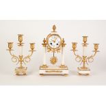 FRENCH GILT METAL AND ALABASTER THREE PIECE PORTICO CLOCK GARNITURE, the clock with 3 ¼" white