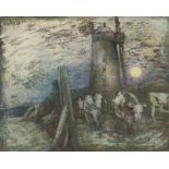 FREDERICK GEORGE WILLS (1901 - 1993) MIXED MEDIA ON PAPER Cattle passing a windmill at dusk Signed