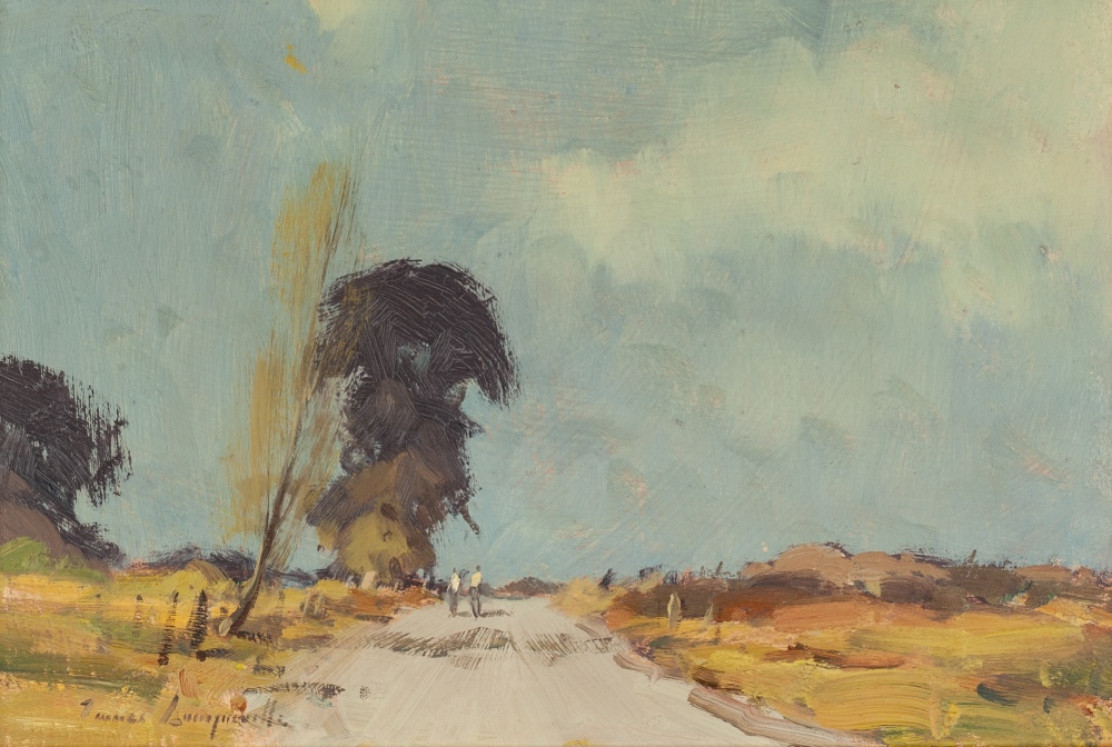 JAMES LONGUEVILLE (b.1942) OIL PAINTING ON BOARD 'The road, Shropshire, 1980' Signed, titled to