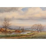 CLIVE PRYKE (1948-2017) WATERCOLOUR Landscape with village church Signed 12" x 17 1/4" (30.5cm x