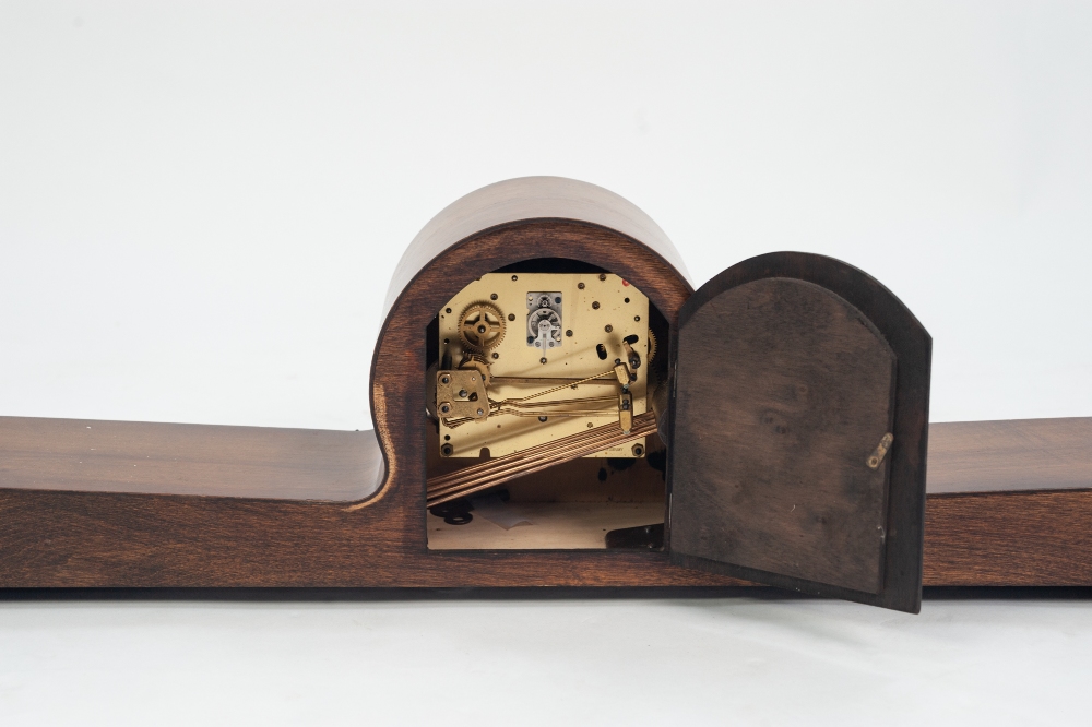 A 20TH CENTURY MAHOGANY NAPOLEON STYLE MANTLE CLOCK, having three train German movement, cream - Image 2 of 4