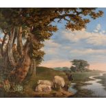 J. F. P. WIJNANTS (19th CENTURY) OIL PAINTING ON RELINED CANVAS Landscape with sheep beside a stream