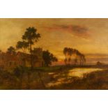 DANIEL SHERRIN (1868-1940) OIL PAINTING ON CANVAS River landscape at dusk with figure and church