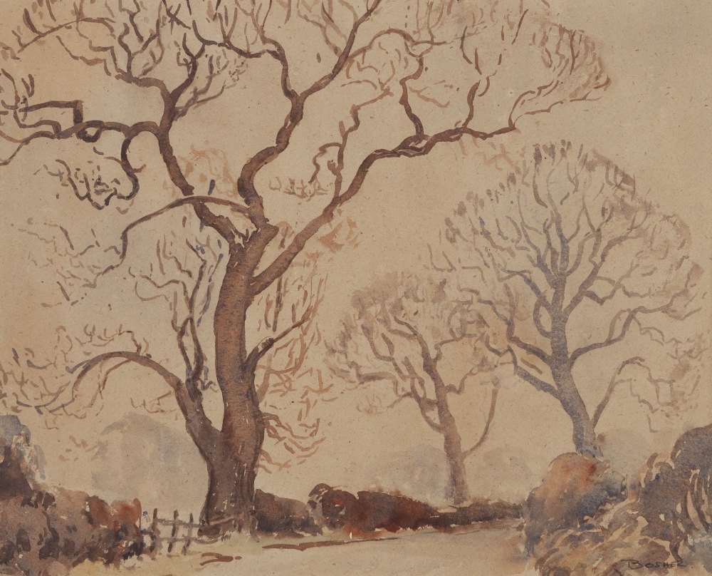 DONALD BOSHER (1921-1977) WATERCOLOUR ON OATMEAL PAPER A Country lane in winter Signed 'Bosher'