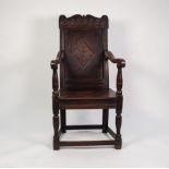 LATE SEVENTEENTH CENTURY CARVED OAK WAINSCOT CHAIR, the back with central diamond motif and