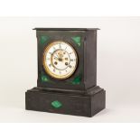 EARLY TWENTIETH CENTURY BLACK SLATE MANTLE CLOCK, the 4 ¾" two part Roman dial with visible brocot
