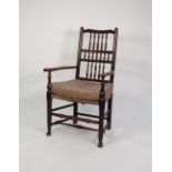 NINETEENTH CENTURY OAK AND ELM SPINDLE BACK OPEN ARMCHAIR, the back with three rows of spindles, set