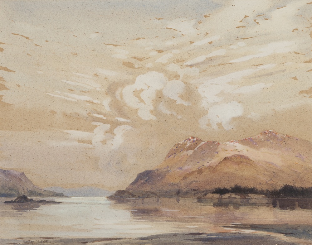 ERIC WALTER POWELL (1886 - 1933) WATERCOLOUR DRAWING ON OATMEAL PAPER An alpine lake Signed and