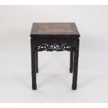 LATE 19th CENTURY CHINESE HARDWOOD LOW STAND with marble inset top, carved simulated bamboo apron