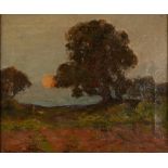 JOHN NOBLE BARLOW (1861-1917) OIL PAINTING ON CANVAS Landscape with rising sun and trees Signed 9 ½"