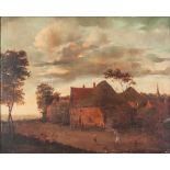 DUTCH SCHOOL (17th CENTURY) OIL PAINTING ON BOARD A village scene with figures outside a tavern 14