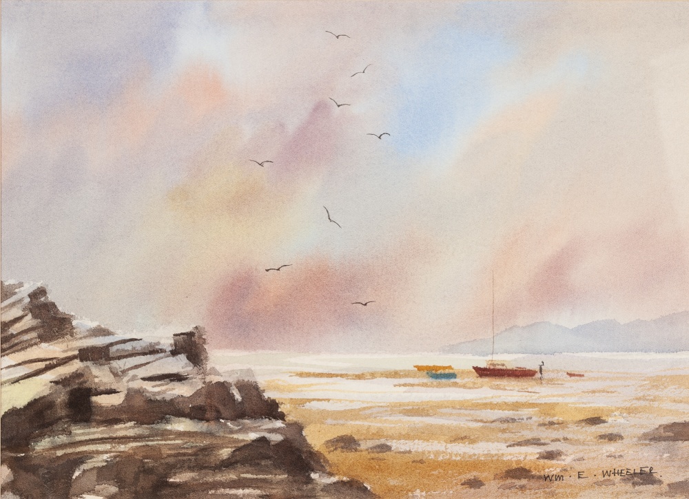 WILLIAM E. WHEELER (TWENTIETH CENTURY) WATERCOLOUR DRAWING Beech scene with pulled up boat and - Image 2 of 2