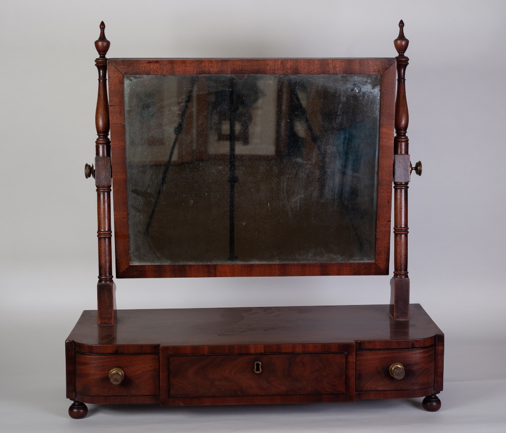 EARLY NINETEENTH CENTURY FIGURED MAHOGANY AND EBONY LINE INLAID TOILET MIRROR