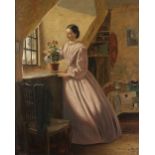 JOHN EDWARD SODEN (fl.1861-1887) OIL PAINTING ON PANEL 'Her Daily Care' Signed with monogram,