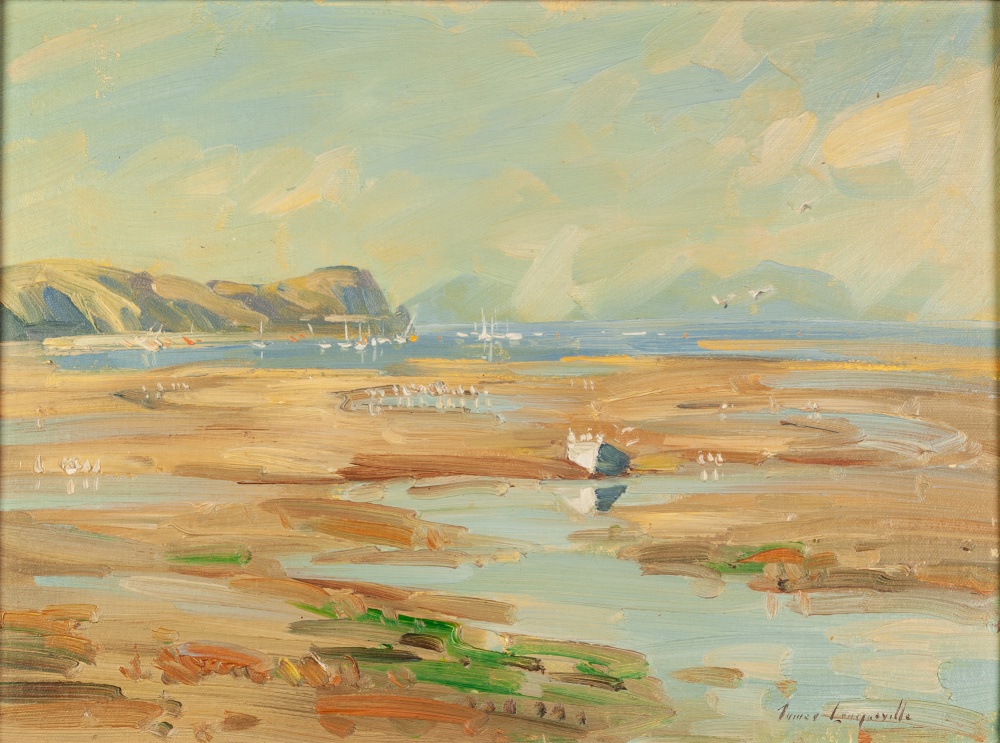 JAMES LONGUEVILLE (b.1942) OIL PAINTING ON BOARD 'The white boat, Abersoch' Signed, titled to artist