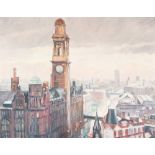 •BOB RICHARDSON (b. 1938) OIL PAINTING ON CANVAS Panoramic view of Oxford Road, Manchester, with the