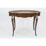 MID TWENTIETH CENTURY FRENCH WALNUT AND GILT METAL MOUNTED BUREAU PLAT, the oval, crossbanded top