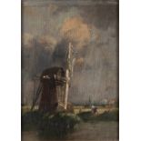 DUTCH SCHOOL (19th CENTURY) OIL PAINTING ON PANEL Low lying landscape with windmill, a man cutting