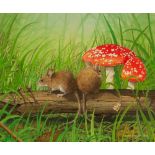 CHRIS SHIELDS (Contemporary) WATERCOLOUR 'Two field mice on a fallen branch with a moth and red-