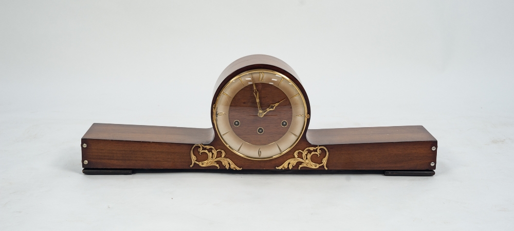 A 20TH CENTURY MAHOGANY NAPOLEON STYLE MANTLE CLOCK, having three train German movement, cream